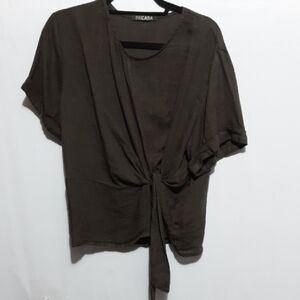 BECASA Women's Linen Brown Tie-Front Bohemian  Top
